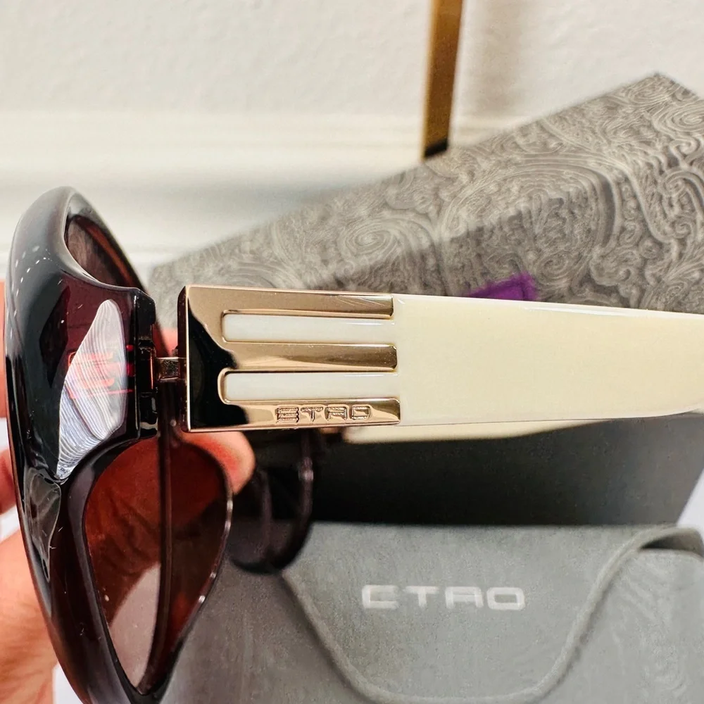 ETRO Brown Sunglasses with Patterned Case and box.